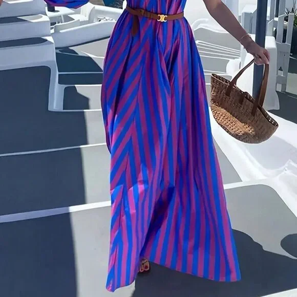 Women's Striped Print Sexy One Shoulder Vacation Style Maxi Dress - Picture 4 of 4